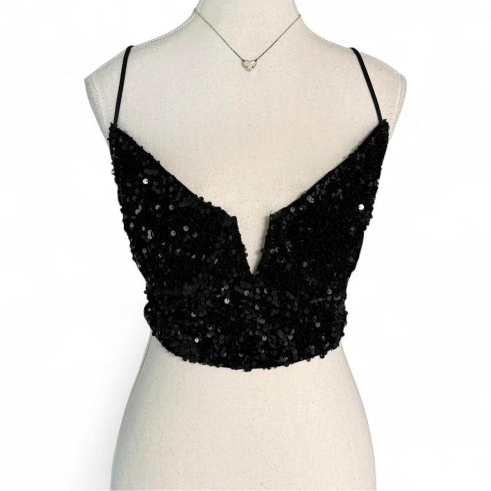 Anthropologie Black Sequin Corset Like going out bustier top Womens size XL